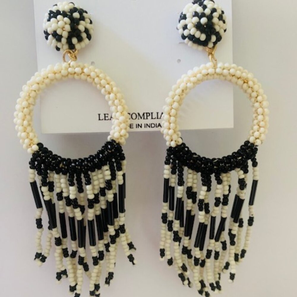 Black/White Beaded Hoop Earrings by Natasha Lead Compliant Stunning!